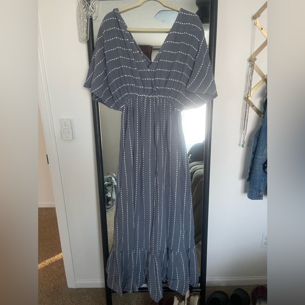 Maxi V-Neck Flutter Sleeve Dress in Slate Blue